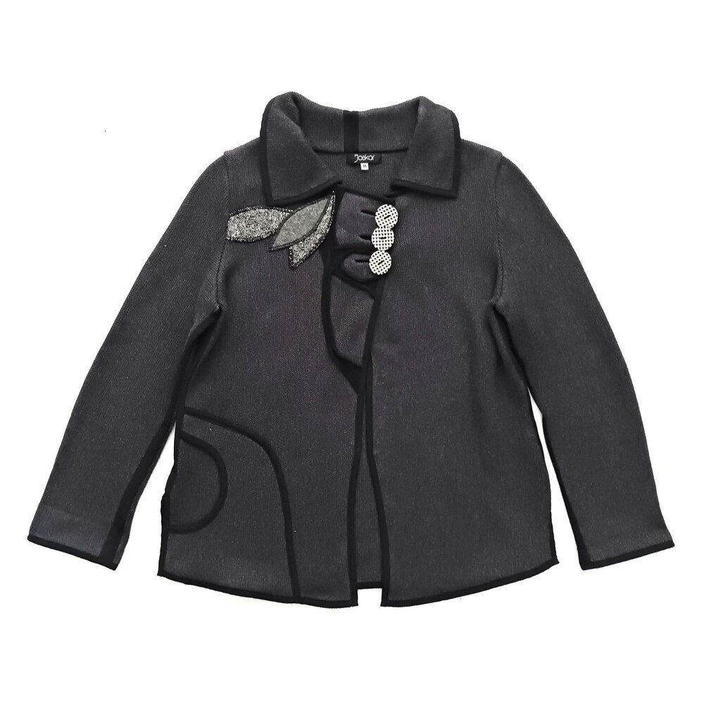 Jaskar Knit Cardigan Dk Gray Cotton Blend Applique Houndstooth  Buttons Sz M